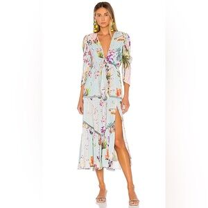 NWT Hemant & Nandita Floral-Print Tie Cutout Puff-Sleeve Blue Midi Dress S